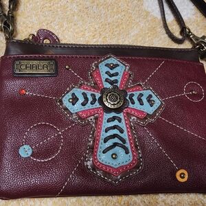 Chala Burgundy and Teal Crossbody Bag with Cross Accent New With TAGS